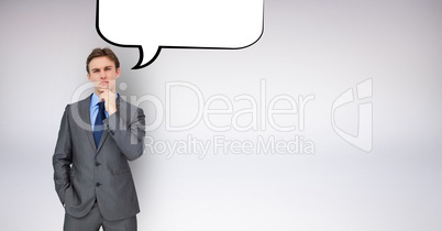Digitally generated image of thoughtful businessman with speech bubble against white background