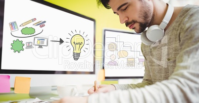 Digital composite image of businessman working with idea icons on computer screen