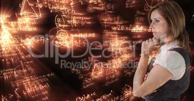 Digital composite image of thoughtful businesswoman with math equations