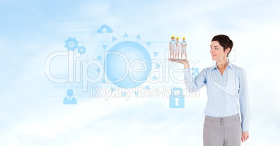 Businesswoman lifting females on palm against abstract background