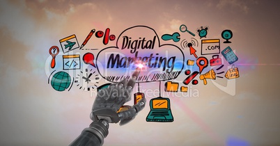 Digital composite image of robot touching screen with digital marketing sign and icons