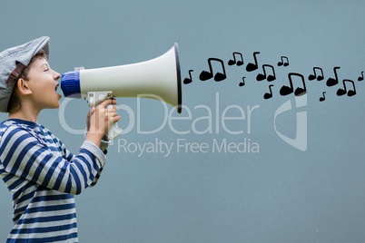 Side view of boy talking in megaphone with musical notes coming out
