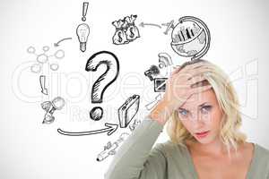 Confused woman with hand on head by icons over white background
