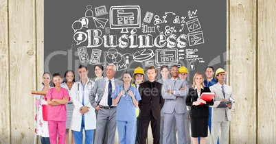 Various professionals standing against business text and icons