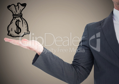Business man with hand out and money doodle against brown background