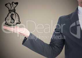Business man with hand out and money doodle against brown background