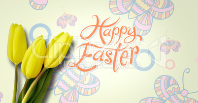 Happy Easter text with Daffodils in front of butterfly pattern