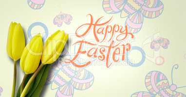 Happy Easter text with Daffodils in front of butterfly pattern