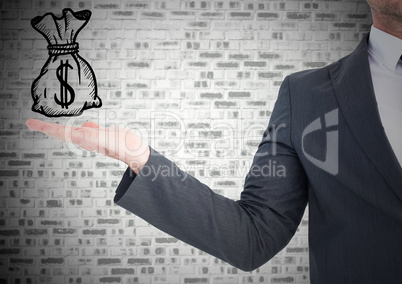 Business man with hand out and money doodle against grey brick wall