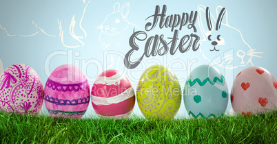 Happy Easter text with Easter Eggs in front of Rabbit pattern