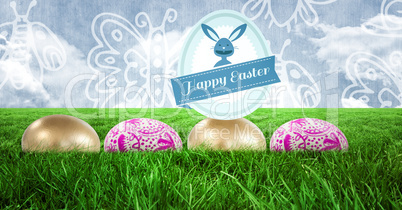 Happy Easter text with Easter eggs in front of pattern