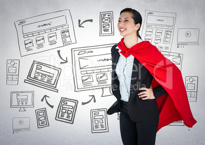 Business woman superhero with hands on hips against white wall with website doodles