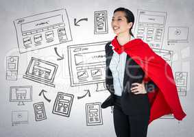Business woman superhero with hands on hips against white wall with website doodles