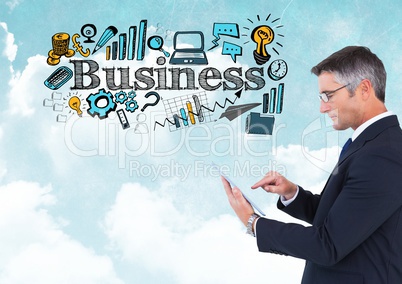 Businessman on phone and Business text with drawings graphics