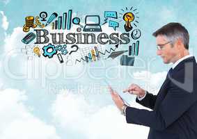 Businessman on phone and Business text with drawings graphics