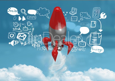 3D Rocket flying and social media icons text with drawings graphics