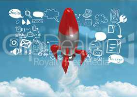 3D Rocket flying and social media icons text with drawings graphics