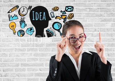 Businesswoman with Idea text with drawings graphics