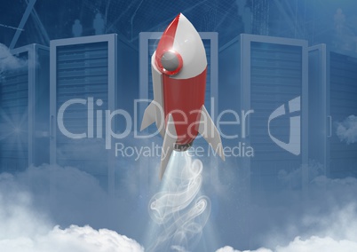 3D Rocket flying in front of servers