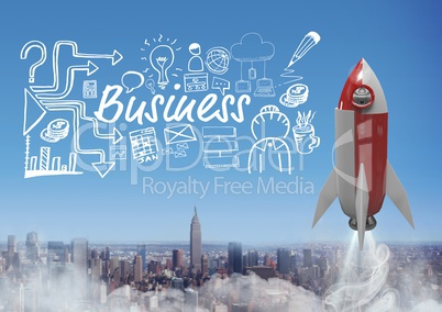 3D rocket flying over city and Business text with drawings graphics