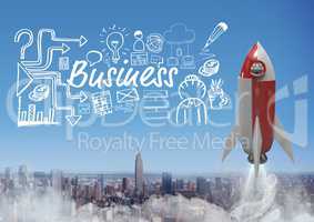 3D rocket flying over city and Business text with drawings graphics