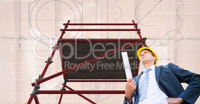 Architect under 3D scaffolding with  bricks background