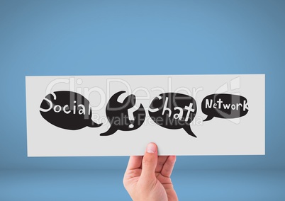 Hand holding card with social media chat networking speech bubbles drawings