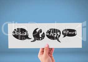 Hand holding card with social media chat networking speech bubbles drawings