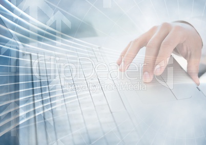 Hand and laptop with arrow graphic overlay