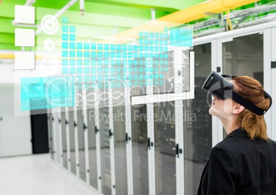 Woman near servers wearing VR Virtual Reality Headset with Interface