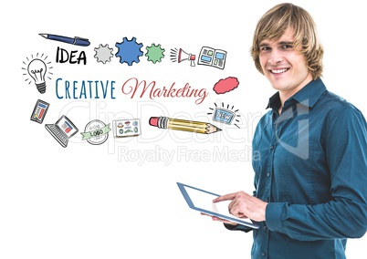 Man with tablet and creative marketing text with drawings graphics