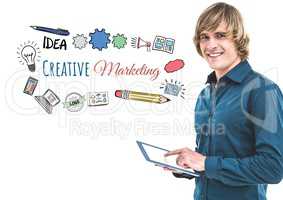 Man with tablet and creative marketing text with drawings graphics