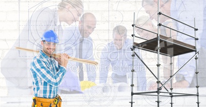 Happy builder with wood beside 3D scaffolding with group of architects background