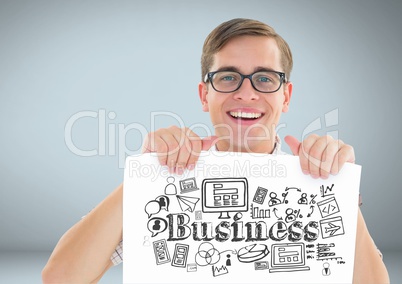 Man holding card with business graphics drawings