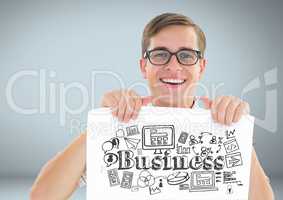 Man holding card with business graphics drawings