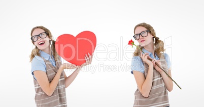 Multiple image of woman holding heart and rose over white background