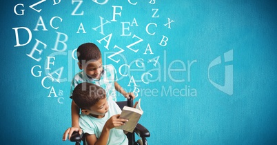 Handicap boy and brother reading book with alphabets flying over blue background