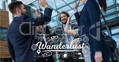 Digitally generated image of text and icons with business people high-fiving against building