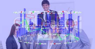 Digitally generated image of graphs with business people in backgroundbusiness conceptual overlays 4