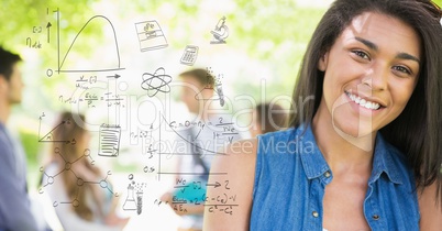 Digitally generated image of various equations with smiling female college student in background