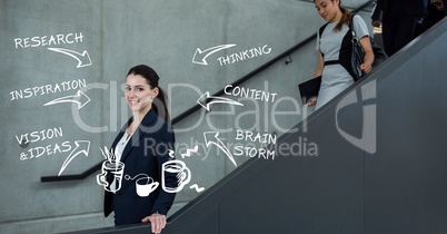 Digitally generated image of businesswoman on escalator with various text and symbols