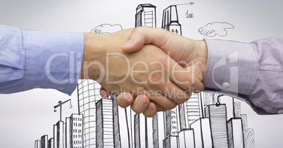 Cropped image of businessmen doing handshake with buildings drawn in background
