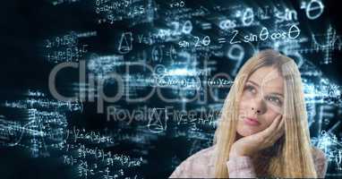 Digital composite image of thoughtful woman with various equations