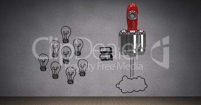Digitally generated image of light bulbs and rocket against gray background