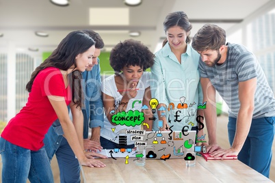 Digital composite image of business people using laptop with various icons on desk