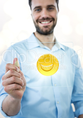 Business man with glass device and emoji with flare against white bokeh