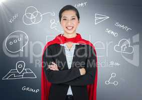 Business woman superhero with arms folded against navy background with white business doodles and fl