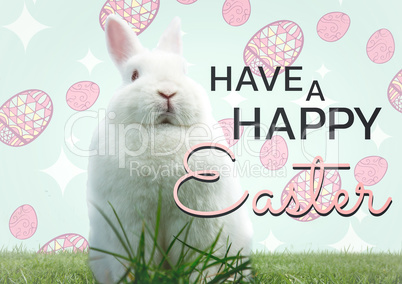 Grey and pink type with rabbit on grass against blue and pink easter pattern