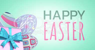 Green and pink type and pink gift and purple eggs against green background