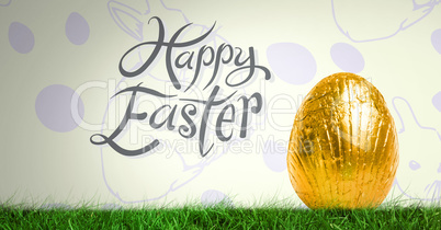 Happy Easter text with Easter egg in front of pattern